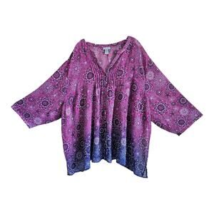 CATHERINES Plus 5X 34 36 Blouse Button Up Sheer Pintuck Pleats 3/4 Sleeve 64"